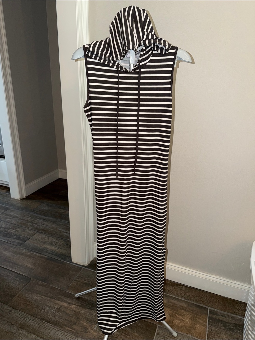 Exist Striped Hooded Maxi Dress in Gray & White